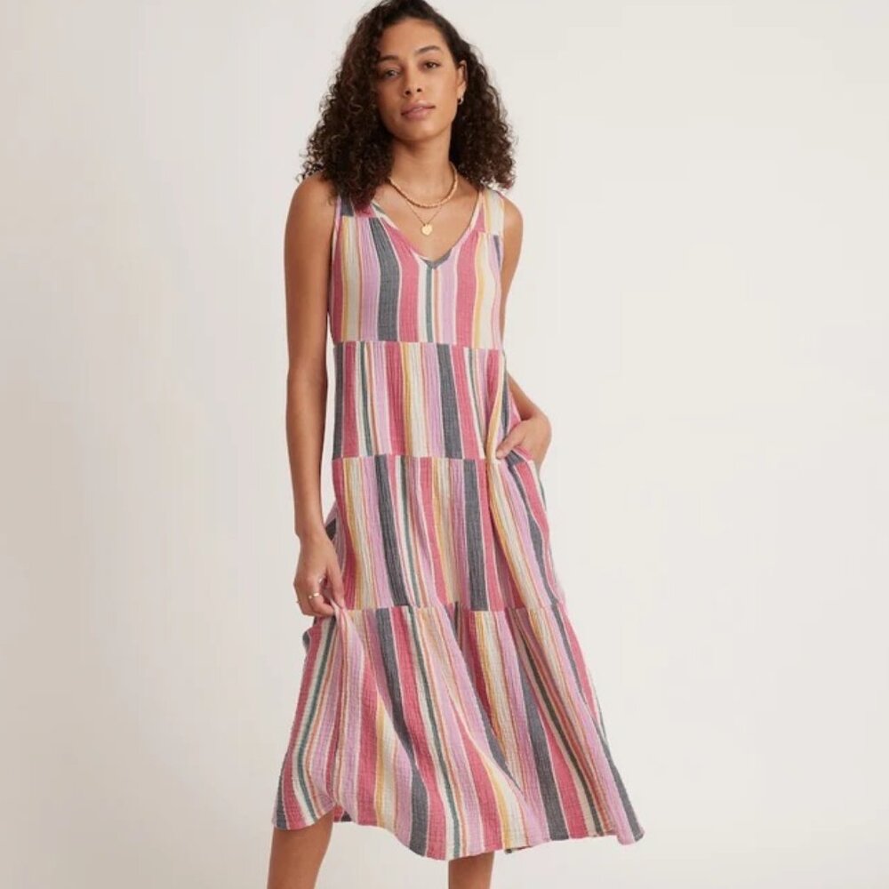 EUC Marine Layer Corinne 100% Crinkle Cotton Maxi Dress in Multi Stripe, Sz M